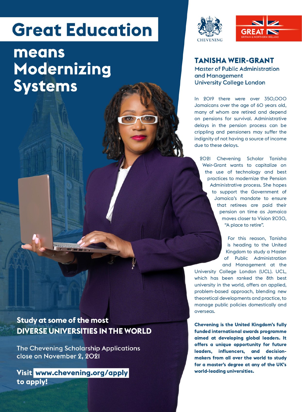 Tanisha Weir Grant — Chevening scholar profile design